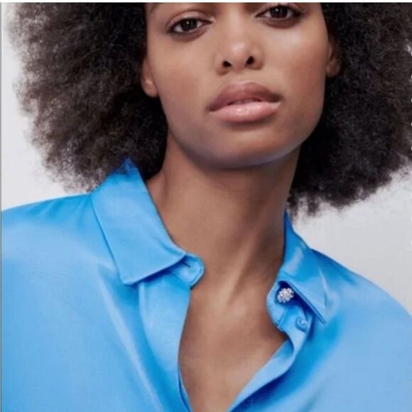 NEW ZARA sky blue Satin Button Up Mini Dress with Gem Detailing - Picture 5 of 13